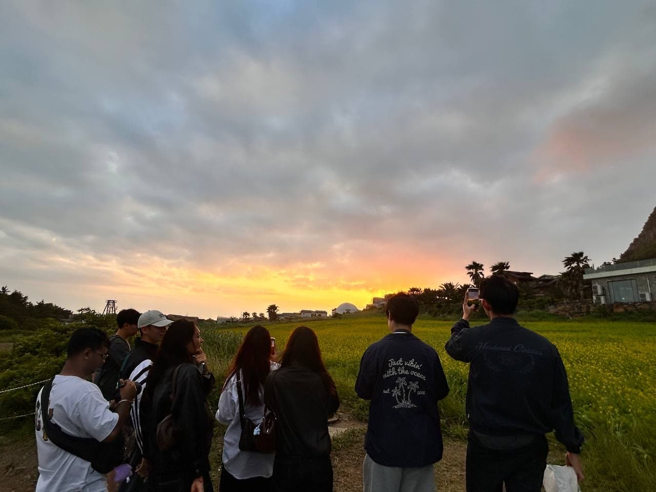 Friends watching a sunset over a field in Korea
